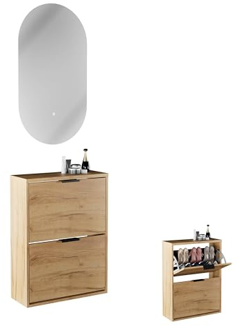 Planetmöbel Schuhschrank schmal, ovaler Spiegel mit Beleuchtung | (2 Lichtstufen), Schuhkommode mit 2 Klappen Schuhregal mit 4 Ablagen, Garderobe Set, 60 x 23 x 80,5 cm, gold eiche