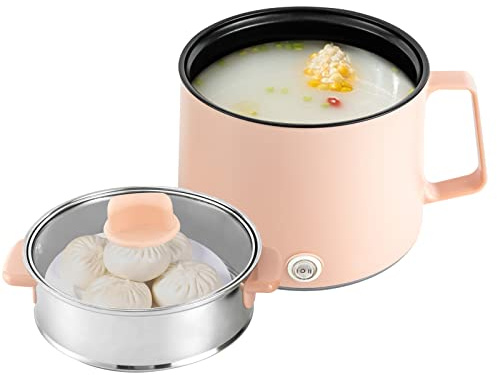 Olla portátil antiadherente 17 x 17 x 25 cm, 1,7 L, olla eléctrica con tapa de cristal, olla caliente eléctrica de doble potencia y vaporera multiuso para avena, pasta (rosa)