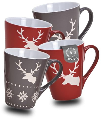 Schönes Weihnachtstassen 4er Set - 200 ml Kaffee-Tassen mit Skandi Elch Weihnachtsmotiven in rot grau