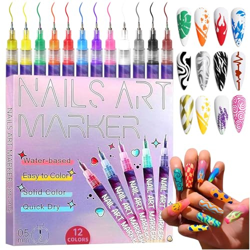 12 Colours DIY Nail Art Pens, 0.5MM Gel Nails Art Pens Set Nail Art Markers, Quick-Dry Nail Art 3D Polish Pens for Graffiti, Dotting, Liner & Painting, DIY Nails Art Tool