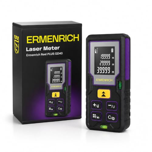 Ermenrich Reel Plus GD40 Laser-Messgerät 130ft/40M Tragbares Messwerkzeug, Distanz/Fläche/Volumen, Pythagoras-Modus, Einheitenschaltung, LCD-Display, mit Speicherfunktion, für Zuhause