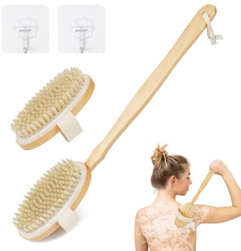 AOOSU Ryggborste dusch, 42 cm badborste med 2 avtagbara borsthuvuden, duschborste med långt handtag kroppsborste naturborst torrborste rygg massageborste borste borste borste för peeling massage