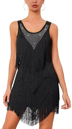 AGYMNX 20er Jahre Fransen Kleid Damen Gatsby Strass Lagen Fransenkleid Vintage 1920s Ärmellos Elegant Latein Tanzkleid Kurz Runder Ausschnitt Samba Kleid