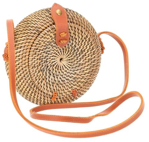 GURU SHOP Geflochtene Handtasche, Korbtasche, Rattantasche, Bali rund | 100 % Rattan, Unisex, traditionell handgefertigt, Innenfutter aus Sarongstoff, ideal für den Sommer, lässiger Look