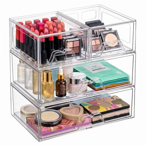 4 Pack Makeup Organiser Clear, Acrylic Stackable Storage Drawers, Makeup Drawer Plastic Organiser for Bathroom Storage Box, Vanity, Kitchen Organisation, Cabinet