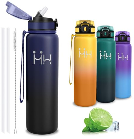 Botella Agua Acero Inoxidable, Botella Termica 1 litro, con Pajita, sin BPA