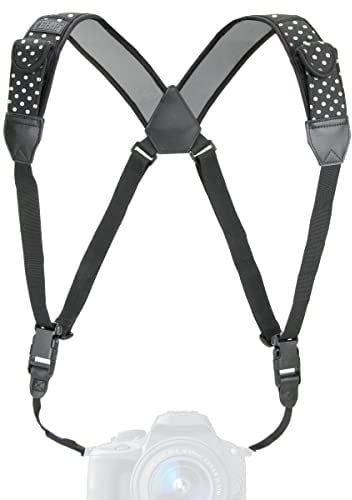 USA Gear Harnais de poitrine pour appareil photo reflex numérique avec boucles à dégagement rapide, motif en néoprène à pois et poches pour accessoires - Compatible avec Canon, Nikon, Sony et plus