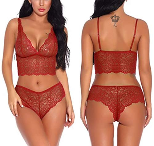 Lziizl Women Sexy Lace Bra and Panty Set Bralette Lingerie 2 Piece Babydoll Bodysuit S-XXL, Wine Red, S