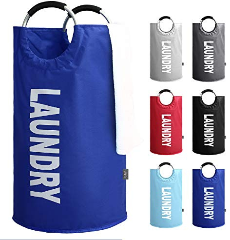 KAV Oxford Fabric Collapsible and Foldable Laundry Basket, Bag or Hamper - 82L Portable Linen Washing Bin with Rubber grip Aluminium Handles - Perfect for Bedrooms, Bathrooms, Playrooms (Dark Blue)