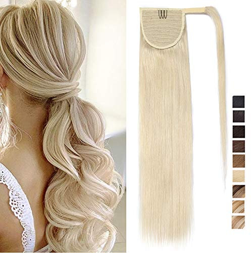 SEGO Ponytail Pferdeschwanz Haarteil Echthaar Zopf Extensions Haarverlängerung Clip in Pony Remy Hair Piece Platinumblond #60 56 cm (95 g)