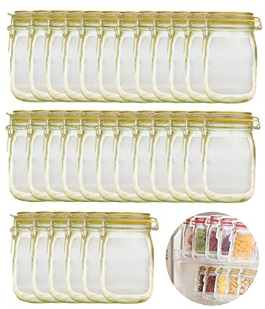 QKTYB 30PCS Mason Jar Bottles Bags Reusable Food Spice Storage Bags Snack Saver Container Airtight Seal Leak-Proof Zip-Lock for Travel Camping Picnic (Yellow,S)