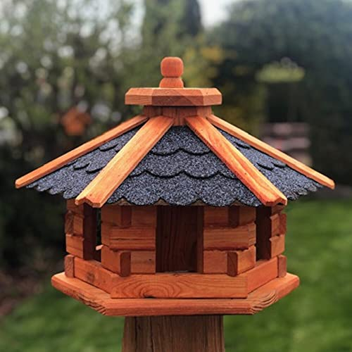 DARLUX Handgefertigtes Sechseck Vogelhaus aus Holz wetterfest M - XXL mit und ohne Ständer, Futterhaus, Futterhäuschen (Größe M ohne Ständer, Blau - Braun)