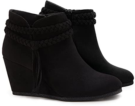 Fashare Womens Wedge Ankle Boots Braided Fringe Strap Western Heeled Fall Booties Dress Shoes,Suede Black, Size 8