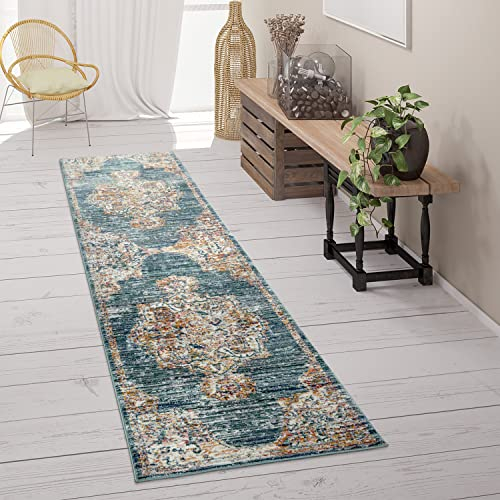 Paco Home Teppich Läufer Flur Schlafzimmer Kurzflor Vintage Pastell Modernes Orientalisches Muster, Grösse:60x100 cm, Farbe:Türkis