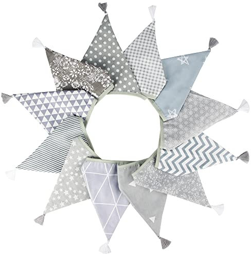G2PLUS Fabric Bunting Banner with Tassel, 3.3M Double Sided Cotton Tassel Banner with 12 Grey Triangle Pennants, Vintage Cloth Garlands for Nursery Bedroom Playhouse Decoration