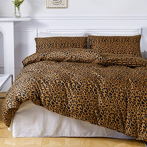 Bettwäsche 135x200 4teilig Leopard Muster Braun Gold Gelb Leopardenmuster Bettwäsche-Sets Leo Microfaser Luxus Aesthetic Bettbezüge 135 x 200 cm und Kissenbezüge 80x80cm fürs Bett mit Reißverschluss
