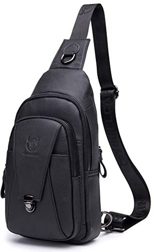 BULLCAPTAIN Herren-Umhängetasche, echtes Leder, für Outdoor, Wandern, Reisen, Brusttasche, Tagesrucksack, Schwarz, Medium