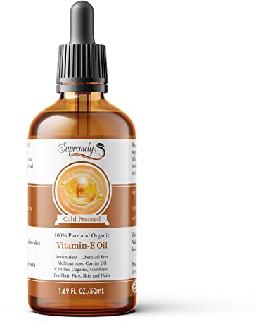 Supremely Vitamin E Oil for Face & Skin | Naturally Sourced Organic and Pure Vitamin E Oil for Skin Hair and Nails 50ML (Glass Dropper)
