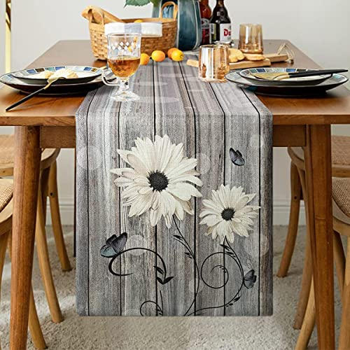 Hanrunsi Tischläufer Modern Wohnzimmer Tischsets Leinen Tischläufer Sommer Platzsets Grün Blau Tischläufer Grau Blumen Planken Scheune Vintage Tischläufer Läufer für Esstisch Party Hochzeit