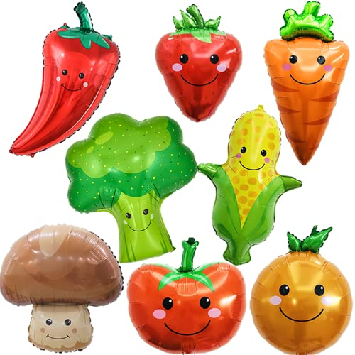 Luftballons: Bunte Riesen Gemüse Ballons, 8 Stück - Erdbeerstaude, Mais, Karotte, Broccoli, Tomate - für Geburtstags Party Dekoration & Kinder Geschenk