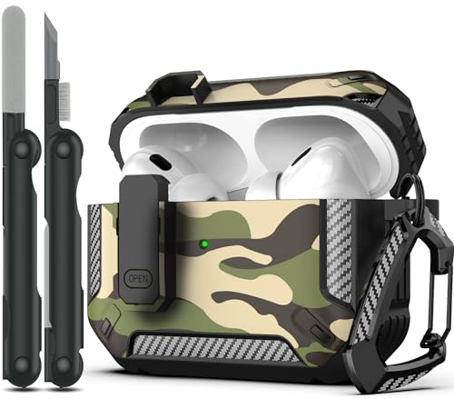 RFUNGUANGO Kompatibel mit Airpod Pro 2 Hülle (2023/2022/2019) mit Reinigungskit, Hartschalen-Schutz Hülle Kompatibel mit Airpods Pro 2./1. Generation (USB-C/Blitzkabel), Schwarzer Tarnanstrich