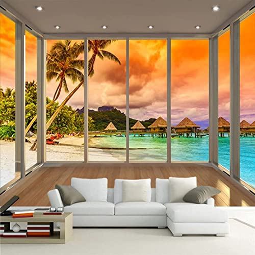 Fototapete 3D Effekt Tapete Strand Mondschein Urlaub 3D Tapeten Wandbilder Wohnzimmer Schlafzimmer Kinderzimmer Dekoration Wanddeko