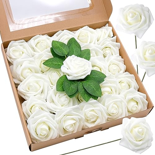 Bakiauli 25 Pezzi Artificiali Rose Bianco, Scatola Set Fiore Schiuma Rose Finte per Torta Decorazione Matrimonio Bouquet da Sposa Decorazione Compleanno