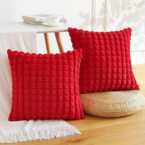 Soleebee 2er Set Plüsch Samt Kissenbezüge, Weiche Künstliche Pelz Plaid Textur Kissenbezug Sofa Zierkissenbezüge Dekokissen Kissenhülle Set für Couch Schlafzimmer Zuhause Dekor (60x60cm, Rot)