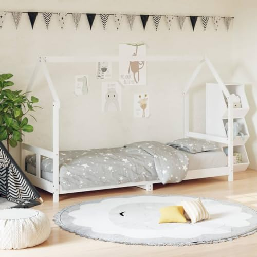 Festnight Kinderbett aus Holz 80x200 cm Hausbett für Jungen & Mädchen Kinder Bett Jugendbett mit Rausfallschutz Bodenbett Massivholz Holzbett Bettgestell mit Lattenroste Bettrahmen Weiß