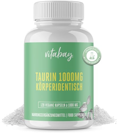 Vitabay Taurin Kapseln Hochdosiert 1000mg - 120 Taurin Kapseln | Vegan & Laborgeprüft - Taurine Capsules Aminosäure Taurine 1000mg - ohne Zusätze