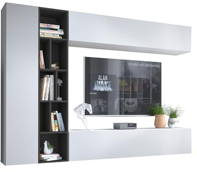 Wohnwand Kodita, Anbauwand, Fernsehschrank, Schrankwand, Mediawand, Wandregal, Schrank, TV-Lowboard (Weiß/Graphit)