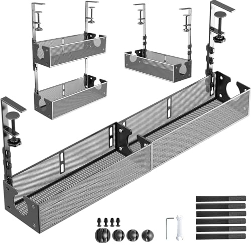 SRJZMLY Multi-Model Under Desk Cable Management Tray 2 Packs Metal Under Desk Wire Management Clamp Mount Under Table Cord Management No Damage The Desk (Black)
