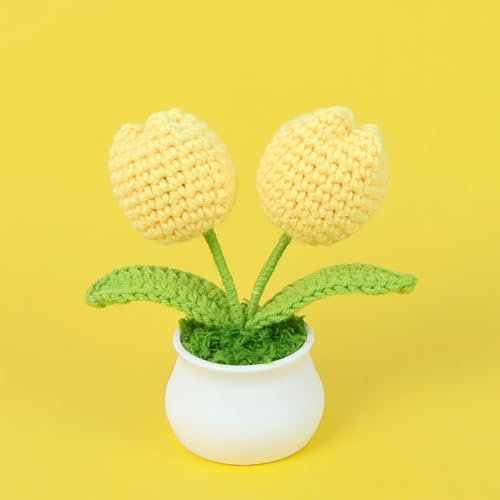Häkel-Tulpen-Topf, fertige handgewebte künstliche Blumen, ewige Mini-Tulpen-Topf-Dekoration für Büro, Küche, Wohnzimmer, Tisch, Schlafzimmer (B-Gelb)