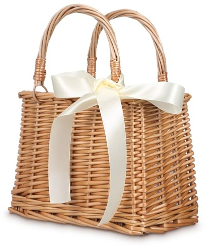 ABOOFAN Wicker Basket Purse for Women, Rattan Handbag with Ribbon