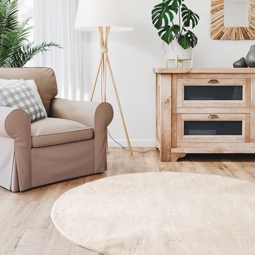 Interiyou Fargo - Teppich Wohnzimmer 80x80 cm Rund Beige - Kurzflor Waschbar und rutschfest - Flauschiger Fellteppich aus Kunstfell - weicher Langflor Fell