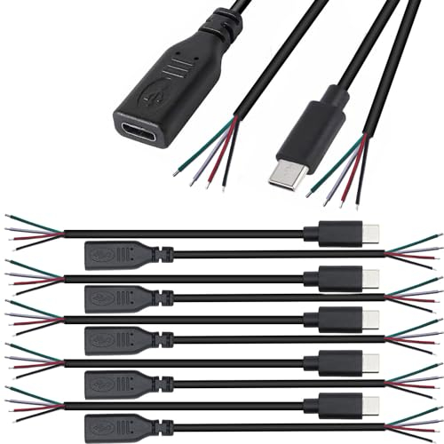RUNCCI-YUN 10Pcs conector tipo C USB macho fêmea,28AWG 5V 3A 4 pin USB cable desnudo conector,conector usb de soldadura,USB Pigtail Cable, com transmissão de dados para DIY(25 cm)