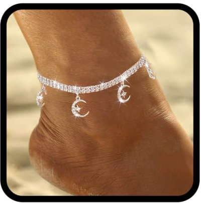 Zoestar Boho Strass Bracelet de cheville en argent, étoile, lune, chaîne de pied en cristal, bijoux pour femmes