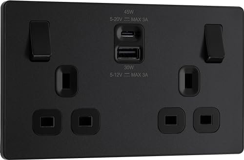 BG Electrical Double Switched Power Wall Plug Socket with Super Fast Charge Type A and Type C USB Charging Ports, Evolve, Matt Black, 13A, 45W, PCDMB22UAC45B