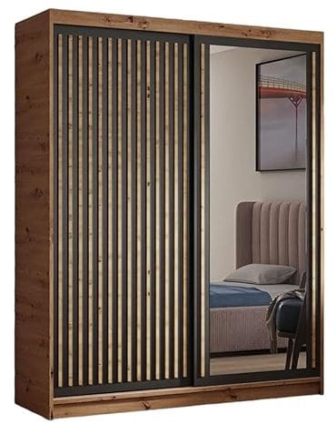 MRGROUP Kleiderschrank Dart mit Lamellen und Spiegel inklusive 2 Schiebetüren Schwebetürenschrank ((Artisan, schwarz, Lamelle Artisan), 160 cm)