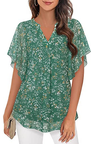 Vafoly Damen Tunika & Bluse Sommer - Kurzarm Elegant - Henly V-Ausschnitt - Loose Fit Blumen Tops - Flowy Locker Oberteil XXL Nebelgrün