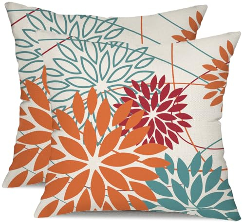 01W18 Kissenbezüge mit Blumenmuster in Orange und Rot, 2 Stück, für den Außenbereich, wasserdicht, dekorative Dekokissen, Herbst-Kissenbezüge, Polyester-Kissenbezüge, Dekoration für Couch, Terrasse,