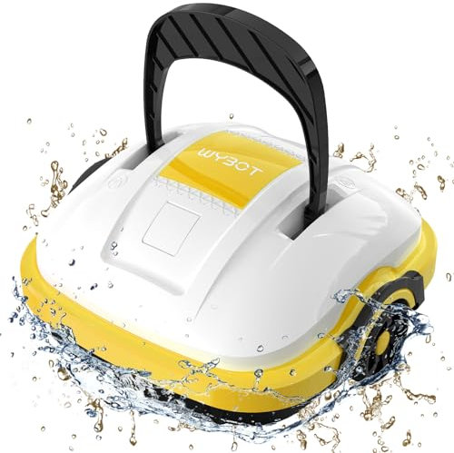 WYBOT Robot Limpiafondos Piscina Electrico sin Cable para Aspirador Piscinas de hasta 50m², Robot Limpiafondos Piscina con Motores de Doble Tracción y Estacionamiento Automático Blanco Amarillo