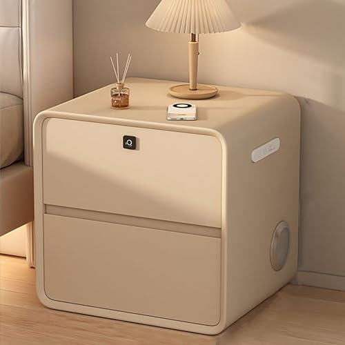 Smart Bedside Table With Fingerprint Lock, Side Table With 2 Drawers,safe Storage Cabinet Night Stand,Bluetooth Speaker,Table De Chevet Minimaliste Multifonctionnelle,avec Station De USB-Charge(Khaki,