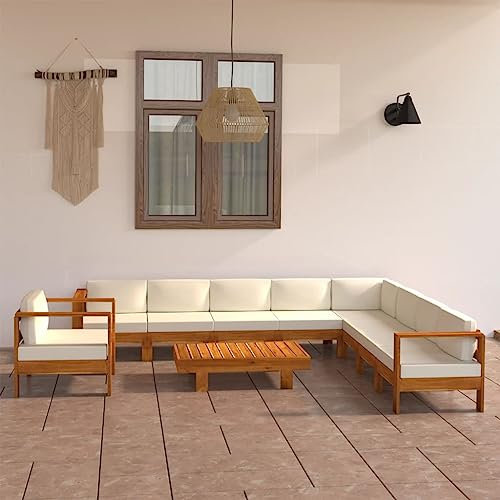 HEFZGDB 10-TLG. Garten-Lounge-Set mit Creme Auflagen Massivholz Akazie Gartenstühle Gartenmöbel Set Gartentisch Geeignet für Terrasse, Garten, Pool.