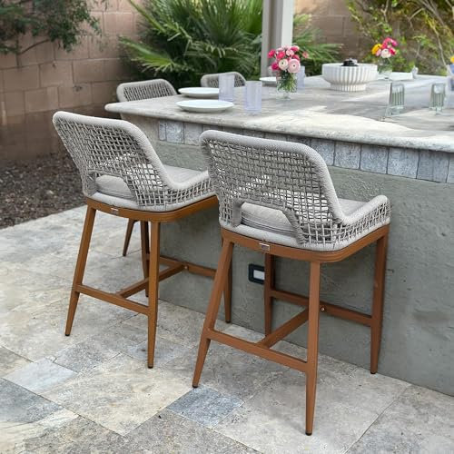 PURPLE LEAF Barhocker 2er Set, Aluminium Gartenstühle mit Armlehne und Rückenlehne, Outdoor Barhocker Rattan, Wetterfest, Barstuhl mit Kissen, für Bar, Terrasse, Esszimmer