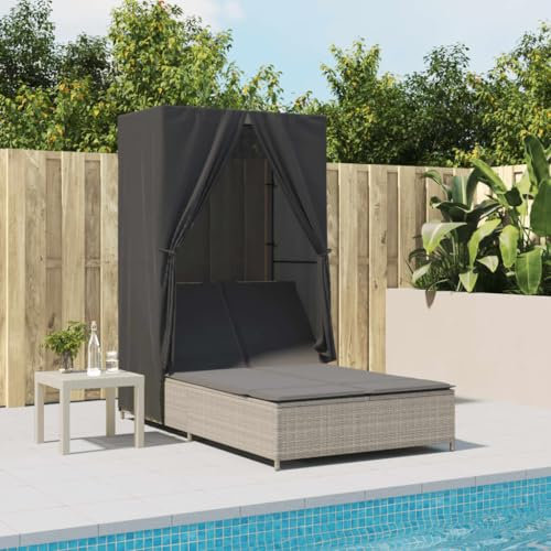 Xichuzi Doppel-Sonnenliege mit Dach und Vorhängen Hellgrau Poly Rattan, Gartenliege, Liegestuhl, Sonnenstuhl, Sonneninsel Outdoor, Liegen, Gartenmöbel, Bäderliege, Relaxliege - 368104
