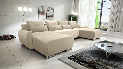 DMSM Großes Ecksofa mit Bettfunktion, Beige, U-Form, mit Kissen Koda XL
