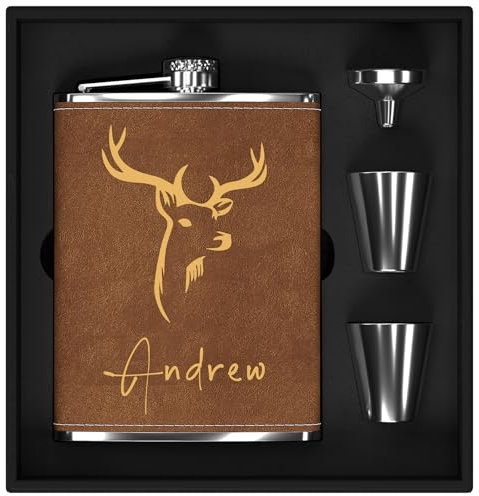 Flachmann Set mit Gravur der Hirsch, Flachmann Edelstahl 8oz/237ml Personalisiert für Geburtstagsgeschenke, Personalisierte Geschenke für Männer Jäger Camper Wanderer (Braun)
