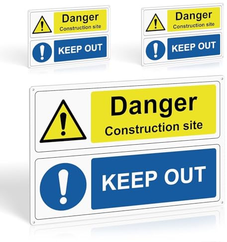 3Pcs Danger Construction Site Keep Out Safety Signs, 300x200mm 1mm PVC | Self-Adhesive Backing, 4 Pre-Drilled Holes, Rigid PVC, Wall or Window Mount