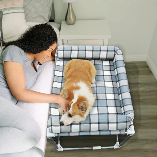 Bedside Cosleeper Pet Dog Bed – Dog Beds with Pillow Extension Attached to the Human Bed, Height Elevated Pet Window Bar (34.0 L x 26.0 W x 20.0 H)